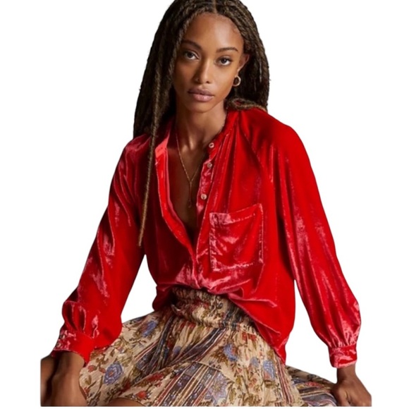 Pilcro x Anthropologie - Puffed Sleeve Crushed Red Velvet Button Down Sz XXS - Picture 1 of 9